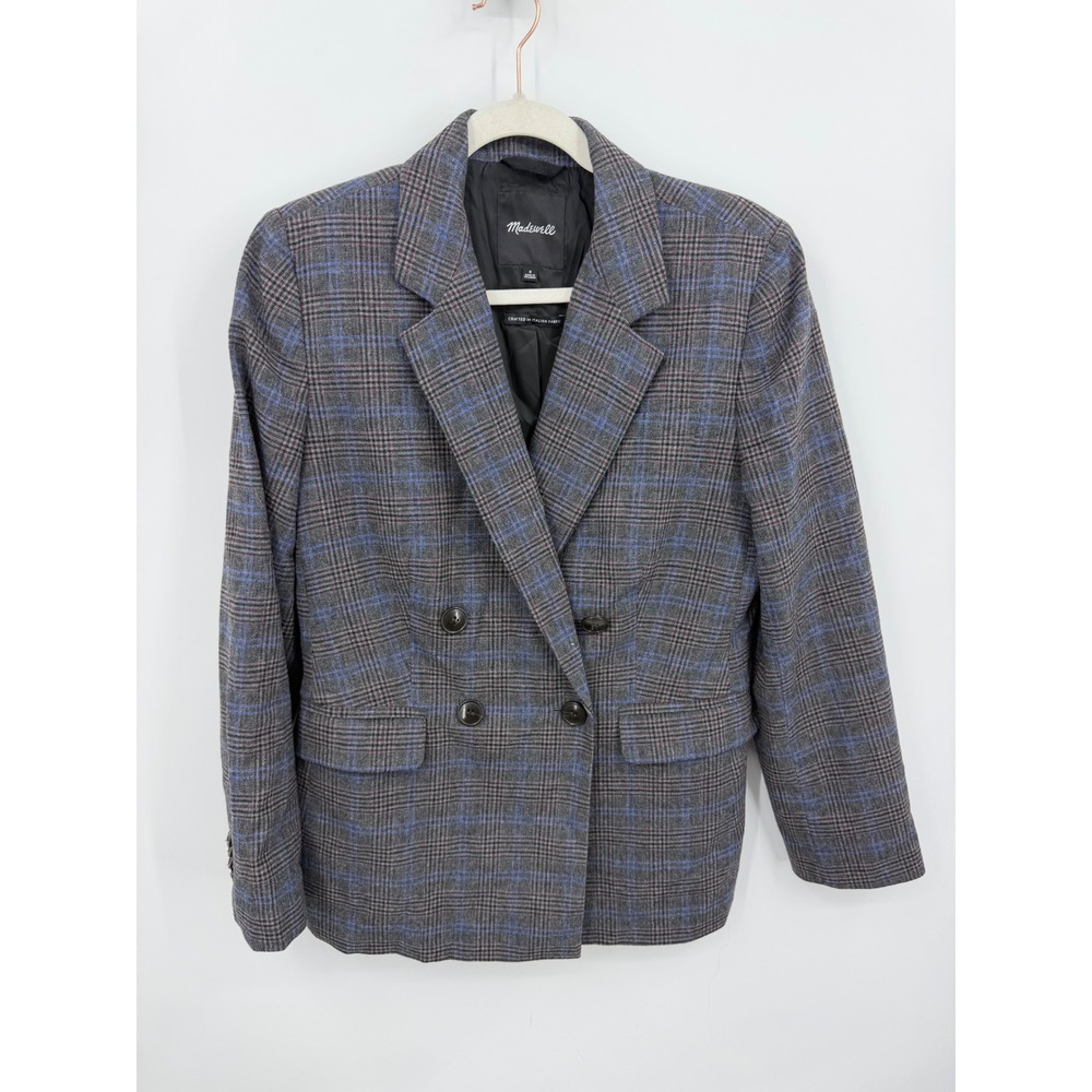 Madewell Rosedale Blazer Women 8 Gray Plaid Double Breasted Italian Fabric NM549